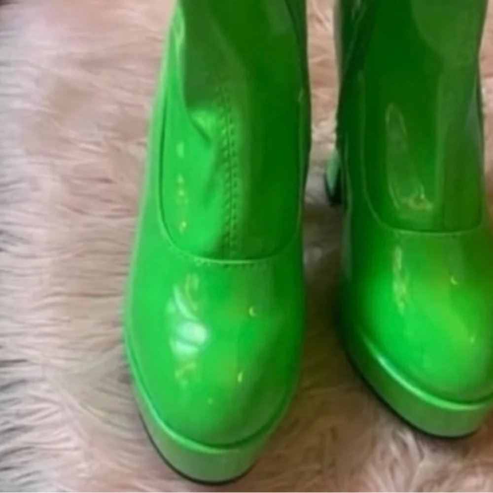 Dolls Kill Green Platform Thigh-High Boots Pleather Neon Lime 80s Disco Chunky - Picture 4 of 6